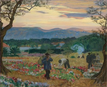 地味なシーン Painting - 花の収穫ボリス・ミハイロヴィチ・クストーディエフの計画シーン風景